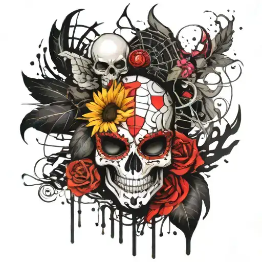 Sugar Skull With Sun Flower And Rubys And Spiderman Logo