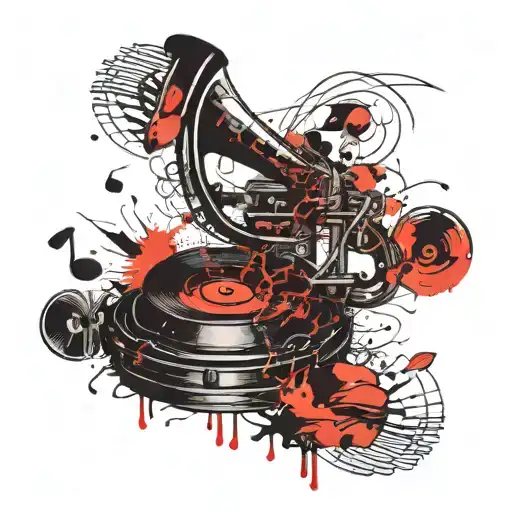 Grammophone With Water And Forest With Notes Floating