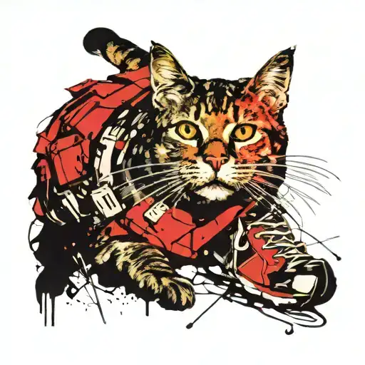 A Cat Hiking Up A Mountain Trail With A Tennis Racket Strapped To Its Back