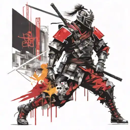 A Futuristic Samurai Warrior Walking Through A Cyberpunk Cityscape
