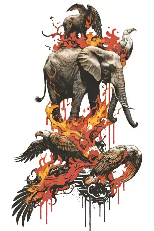 Elephant And Eagle With Fire Water And Nature Scene