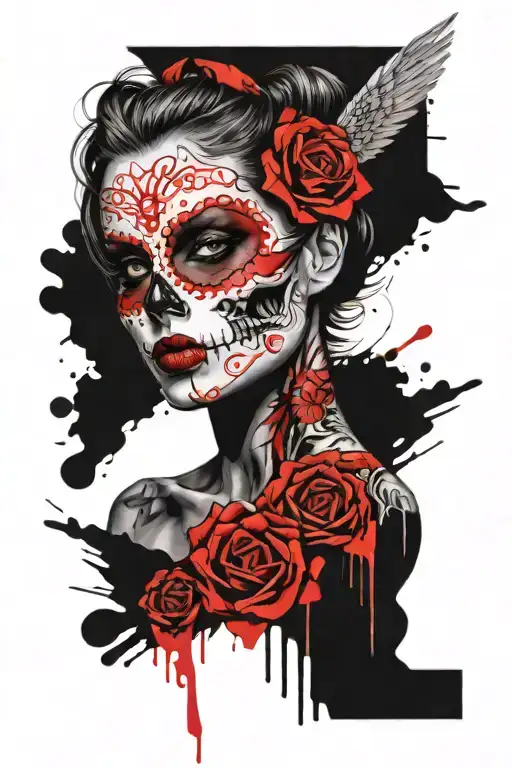 Candy Skull Face Tattoo Design Female Angel