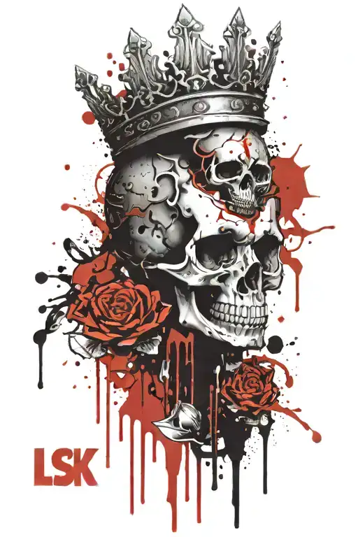 A Photo-realistic Image Of A Back Tattoo With A Skull With A Crown With Large Lsk Letters On It