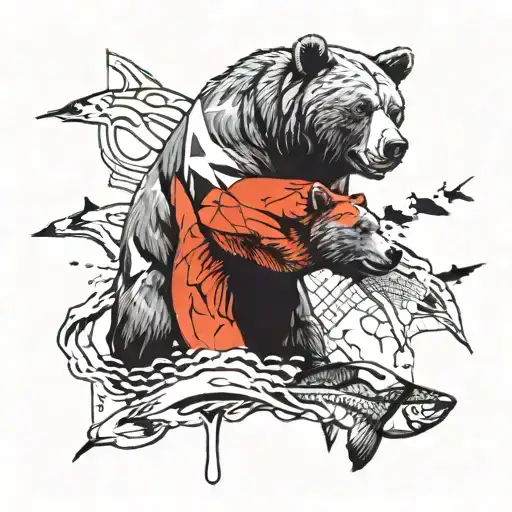 Bear And Salmon Hugging Each Other