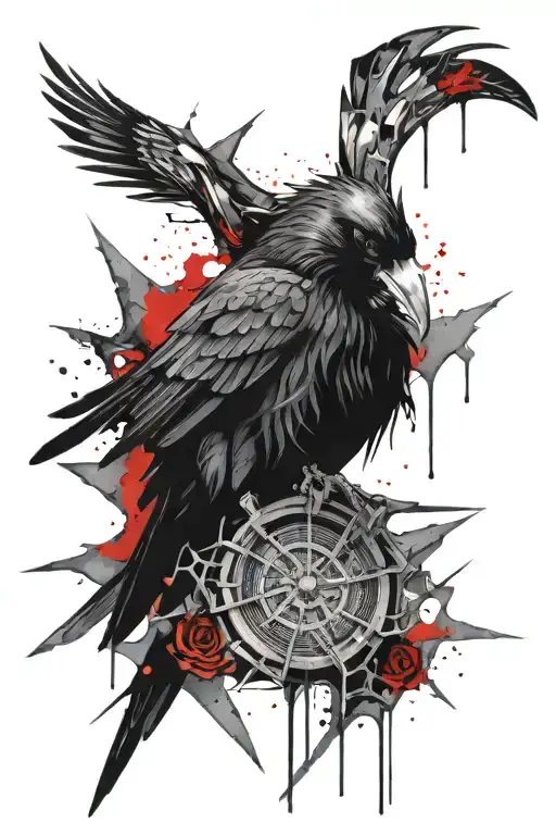 Raven Cross Thorns Sleeve Tattoo Design