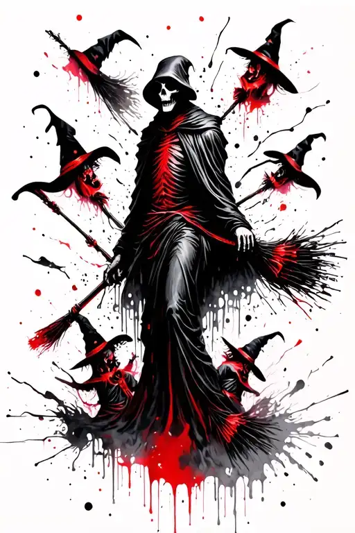 Grim Reaper Surrounded By Witches On Brooms