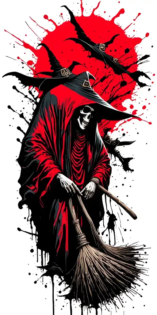 Grim Reaper Surrounded By Witches On Brooms