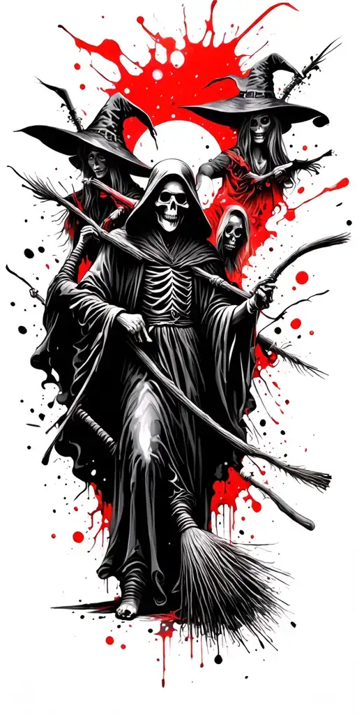 Grim Reaper Surrounded By Witches On Brooms