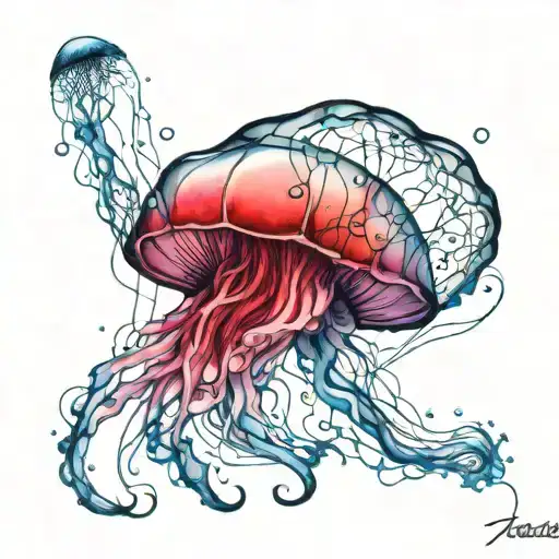 Jellyfish Tattoo Of Pink Color Fading To Blue With Stems With Sharp Thorns Instead Of Her Tentacles