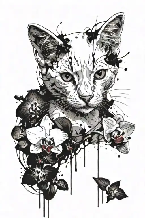 White Kitten And Orchid Flowers