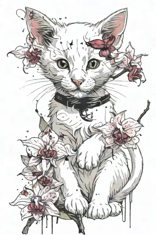 White Kitten Sits And Sniffs Orchid Branch