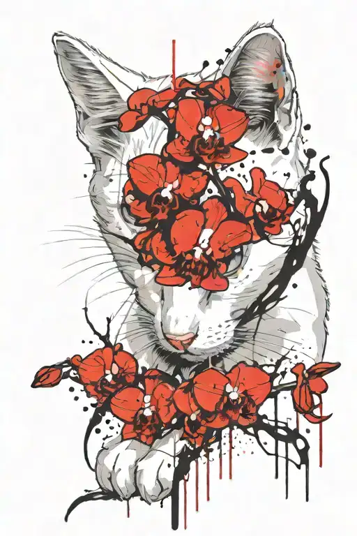 White Kitten Sits And Sniffs Orchid Branch