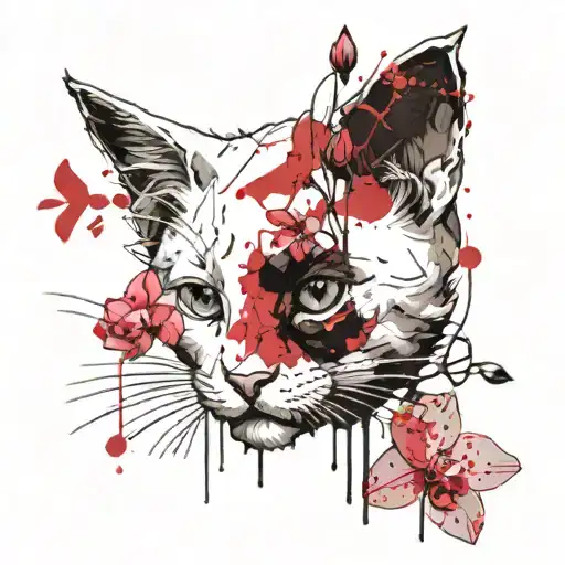 White Kitten Sits And Sniffs Orchid Branch