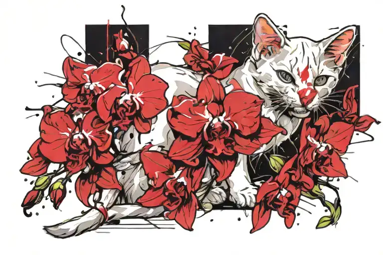 White Kitten Sits And Sniffs Orchid Branch