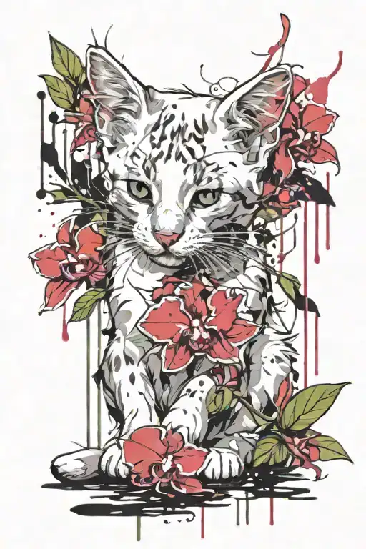 White Kitten Sits And Sniffs Orchid Branch