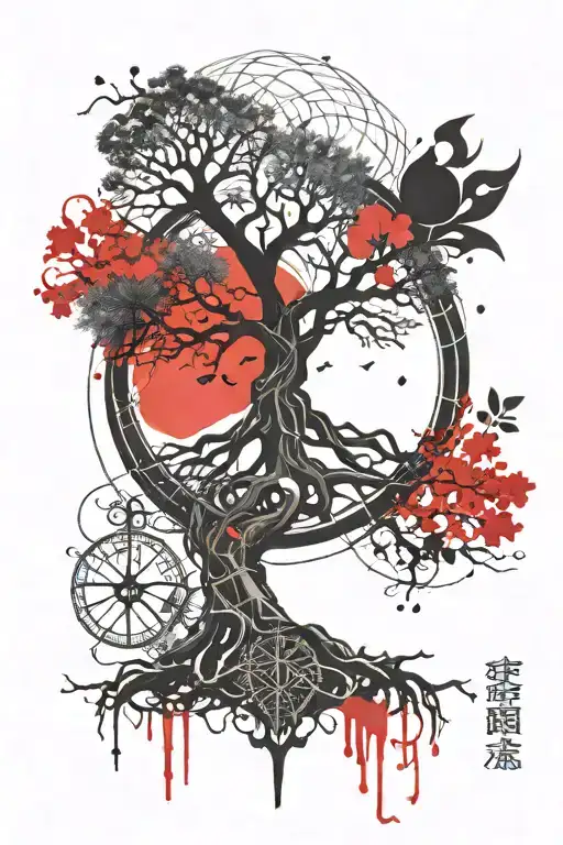 Yggdrasil Tattoo With Architectural Elements Incorporated