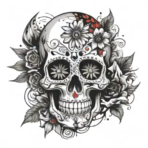 Sugar Skull With Sun Flower And Rubys
