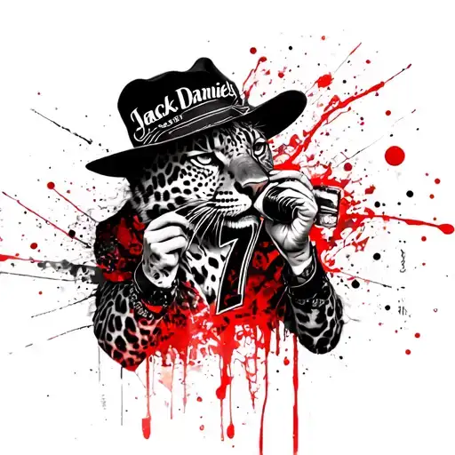 Leopard With A Panama Hat Drinking Jack Daniels Number 7 With The Word Mukesh