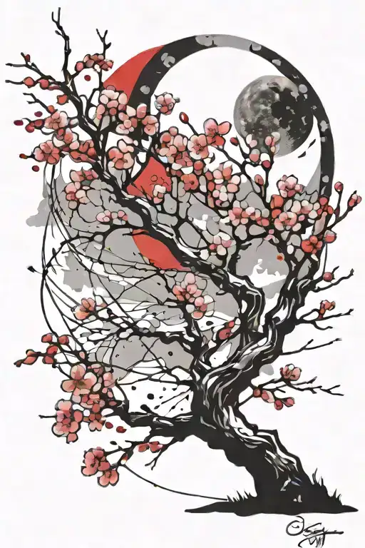 Cherry Blossom Tree With Moon Merging Together