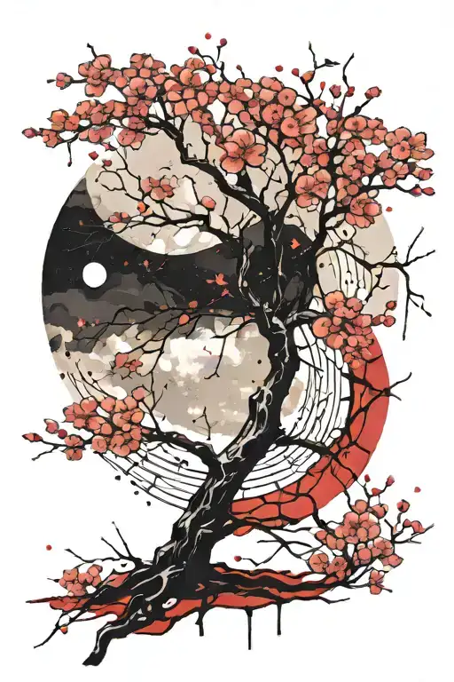 Cherry Blossom Tree With Moon Merging Together