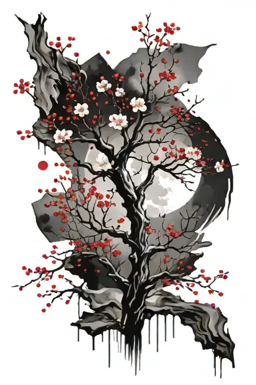 Cherry Blossom Tree With Moon Merging Together