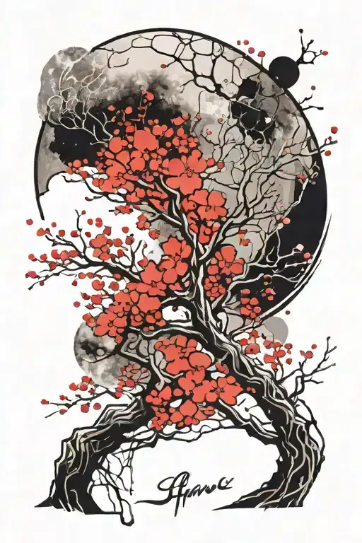 Cherry Blossom Tree With Moon Merging Together