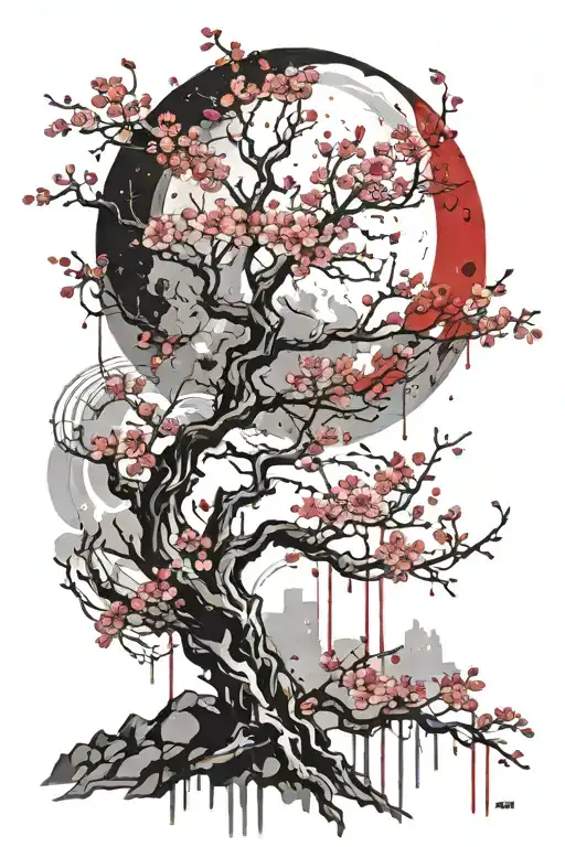 Cherry Blossom Tree With Moon Merging Together
