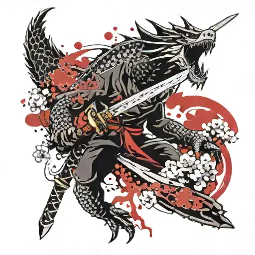 Katana With Sakura In The Background And An Enveloping Dragon Around The Katana