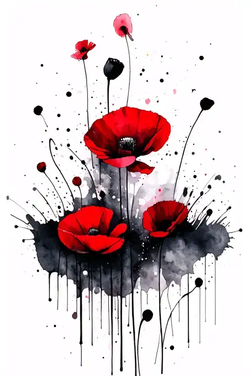 Poppies Of Watercolor And Abstraction On The Stomach On The Scar After Surgery