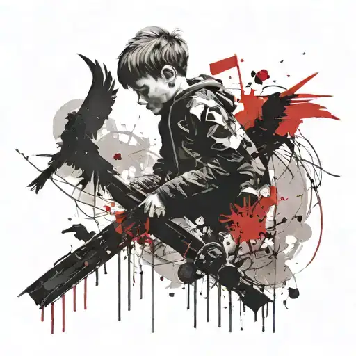 A Little Boy Standing Alone Into A Loanly Crow's Shadow