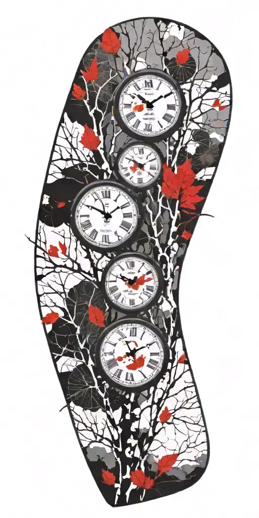 Birch Tree Red Leaves And 3 Round Clocks