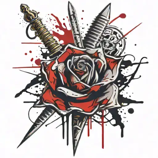 Rose With Dagger Behind It And Blood Splatters Surrounding