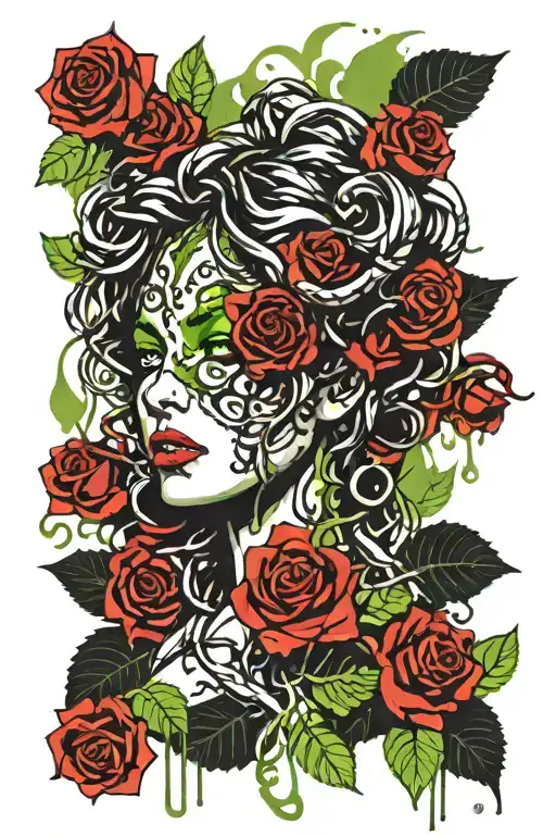Medusa With Bright Green Eyes And Black Roses And Thorns