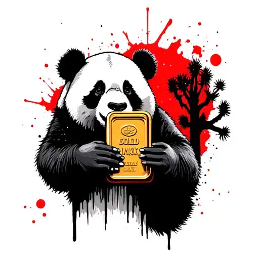 Panda Holding A Gold Bar Logo With A Joshua Tree Silhoutte In The Background