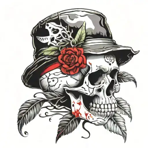 Skull Wearing A Bucket Hat Surrounded By A Laurel Wreath