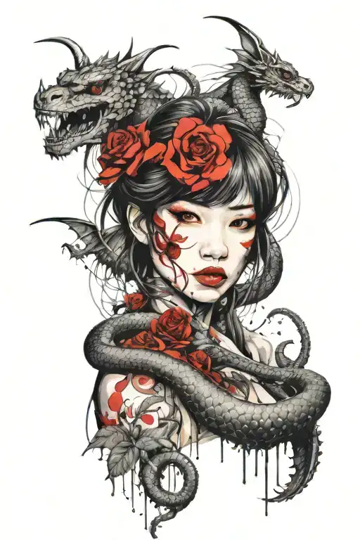 Japanese Girl With Dragon Or Snake Around Here With Roses