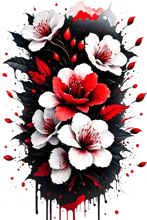 A Sleeve With Azalea Flowers Prominent In The Tattoo And Cherry Blossom Petals Mixed In