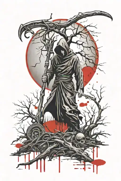 Grim Reaper Holding A Scythe Under A Dead Tree With Red Moon In Background