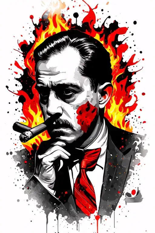 Mobster Smoking Cigar With Fire Behind Him