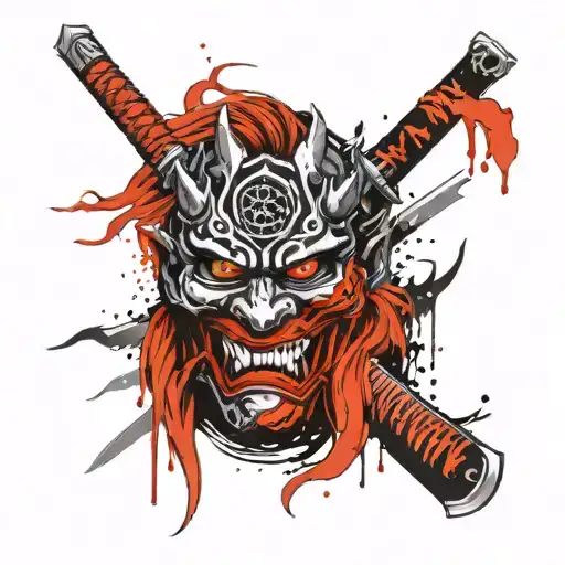 Oni Mask With Katana Sword In Its Mouth