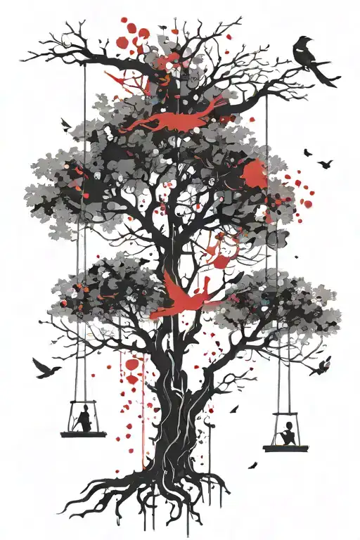 Tree Where A Boy Sits On A Swing From The Crown Birds Are Flying Away