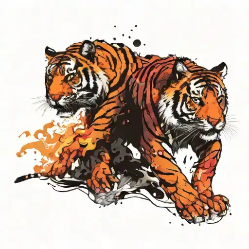 Firefighter And Fire And Tiger Exiting The Fire Flames