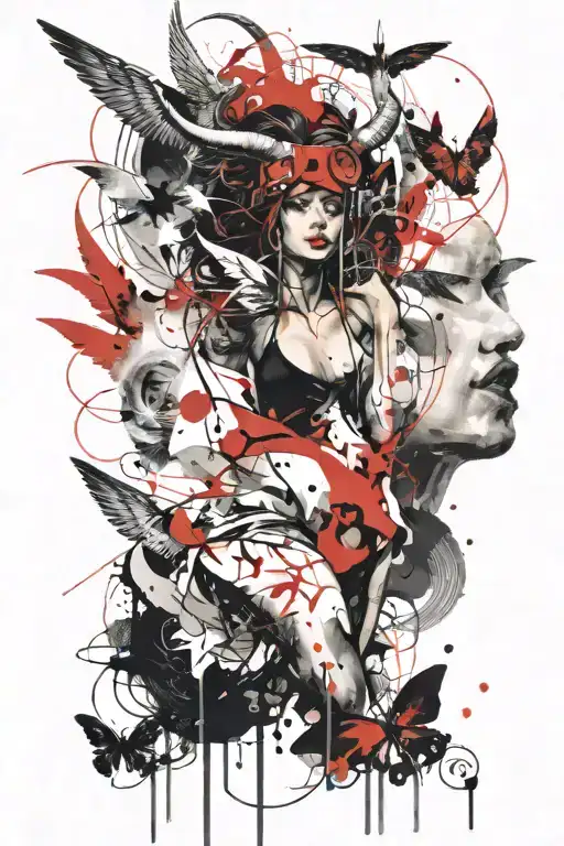 Woman With Horns And Wings Being Dropped From Heaven