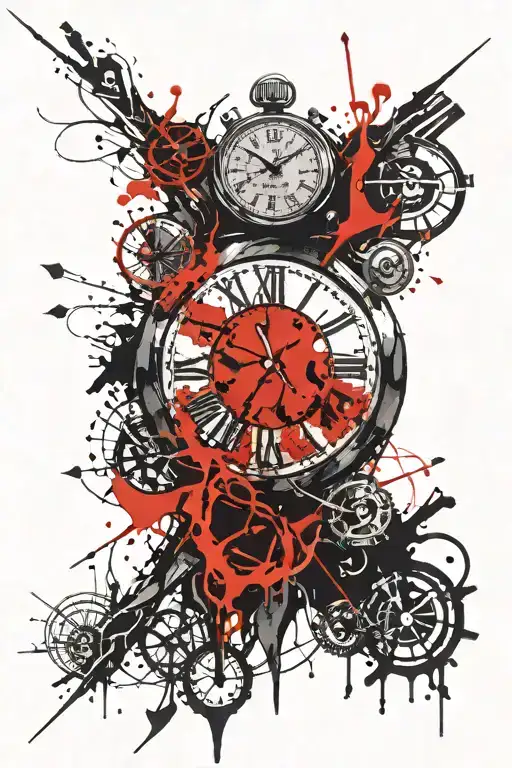 Clock With Filler Tattoo Featuring Lines Connecting Various