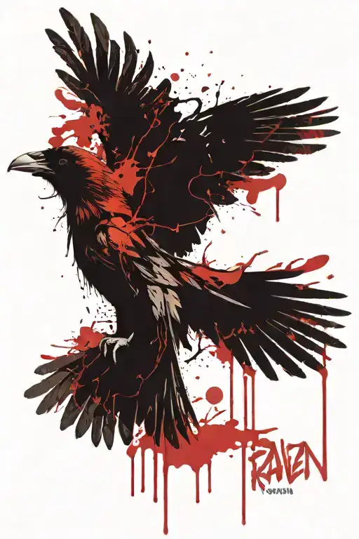 Raven With Spread Wings Lines With Inscriptions