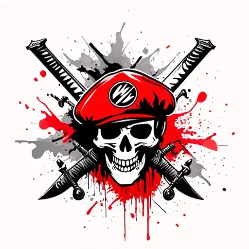 Skull Pierced With Sword Wearing Red Beret With A Logo Of Thunder Bolt