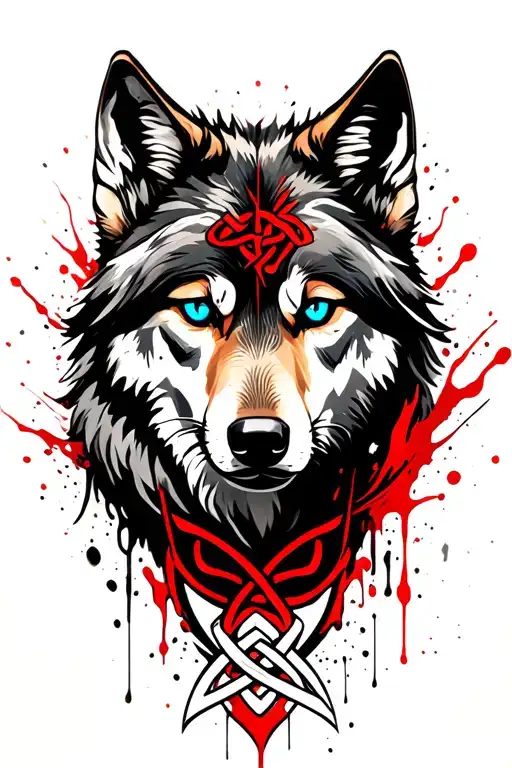 Wolf With Blue Eyes On Armor Tattoo Design Featuring Celtic Trinity Knot