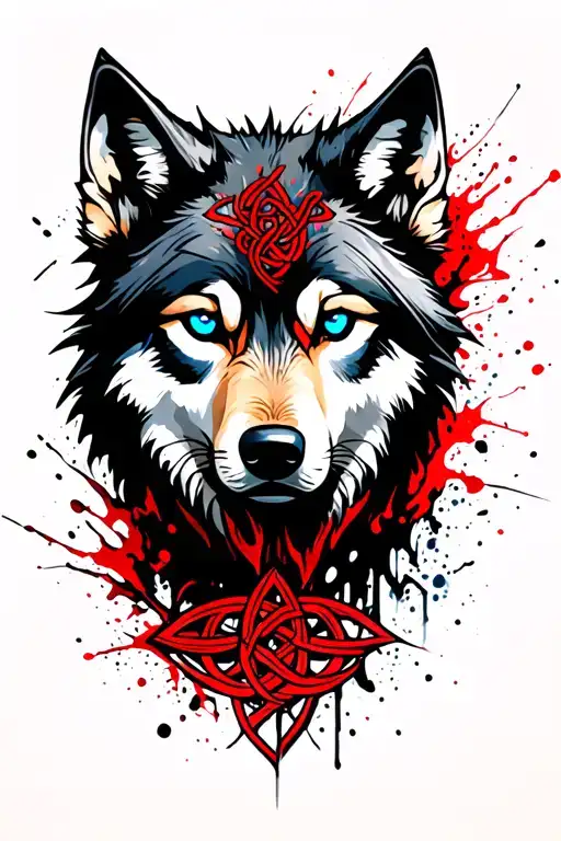 Wolf With Blue Eyes On Armor Tattoo Design Featuring Celtic Trinity Knot
