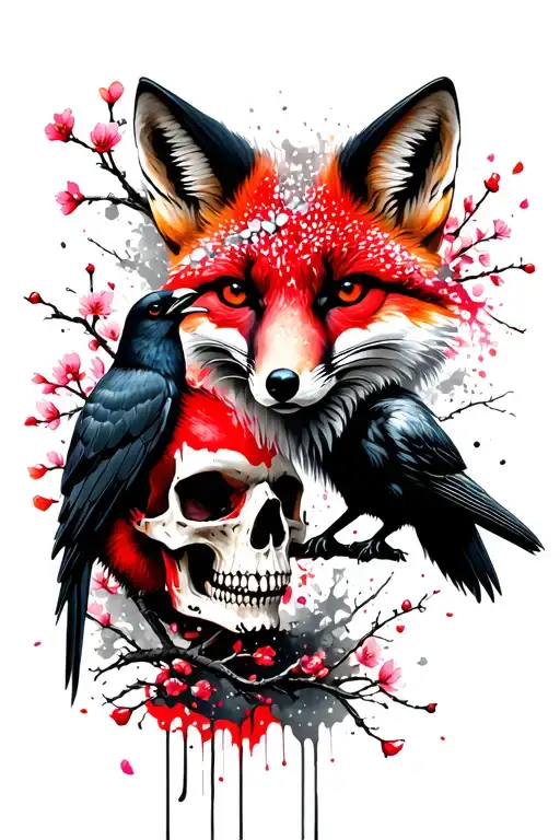 Fox And Crow And Skull Surrounded By Cherry Blossoms