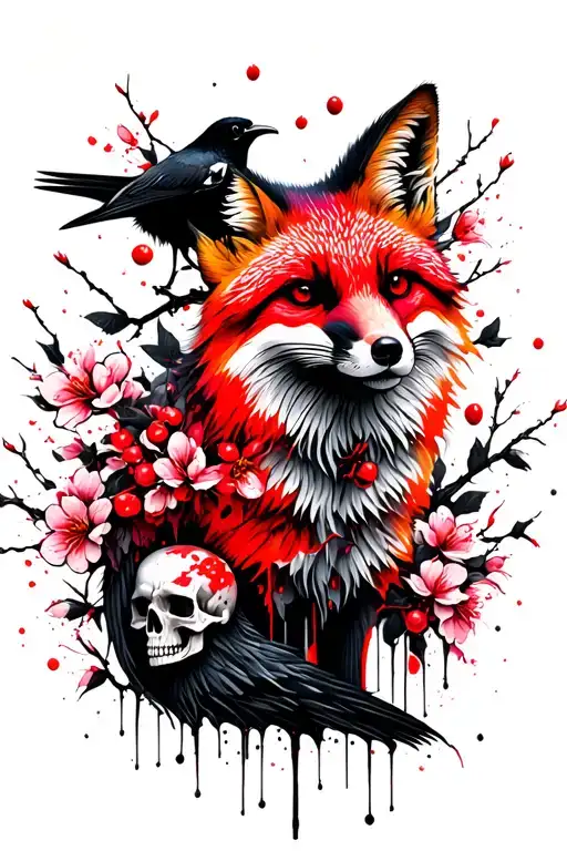 Fox And Crow And Skull Surrounded By Cherry Blossoms